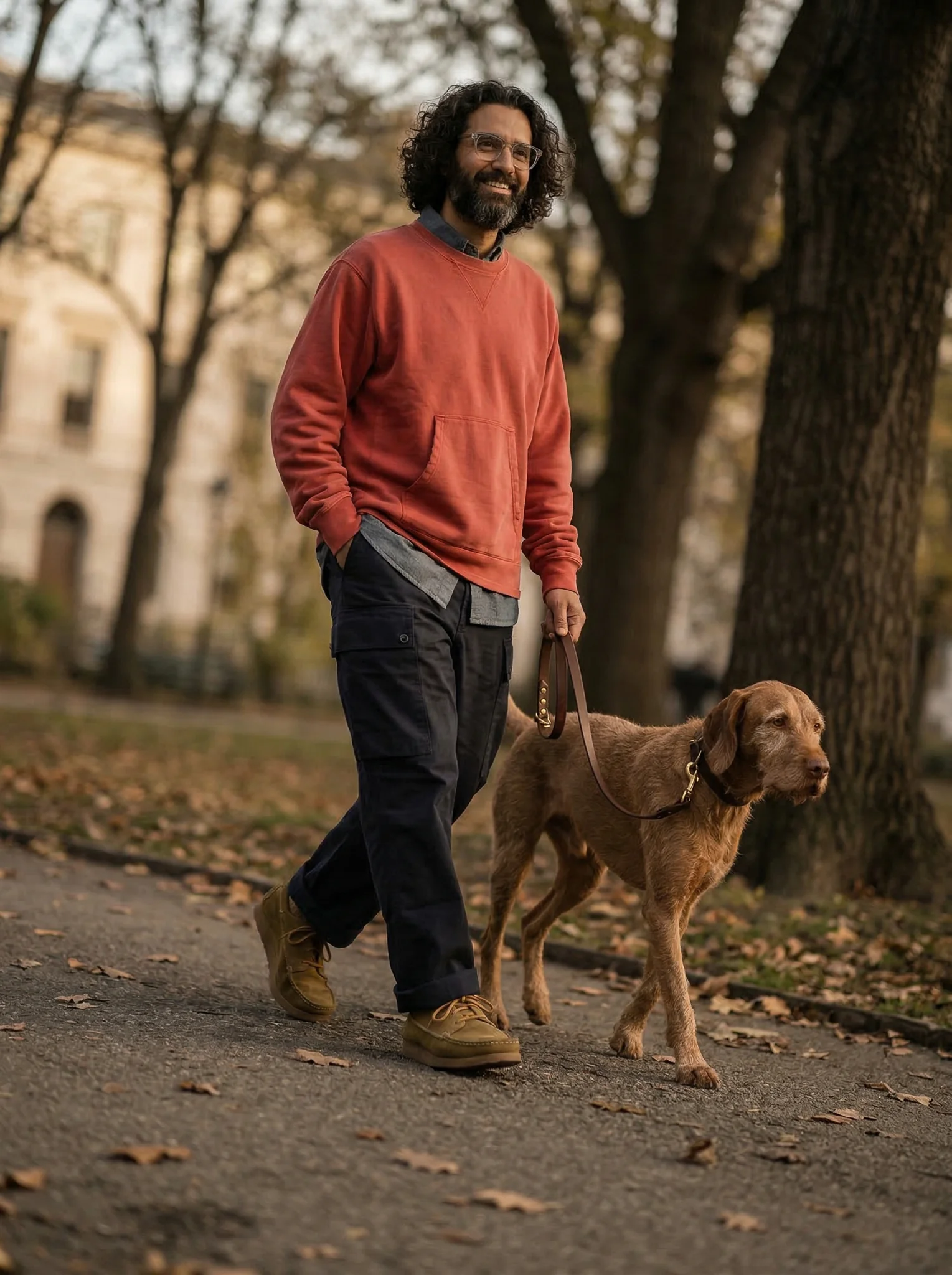 AI man red shirt walkd vizsla